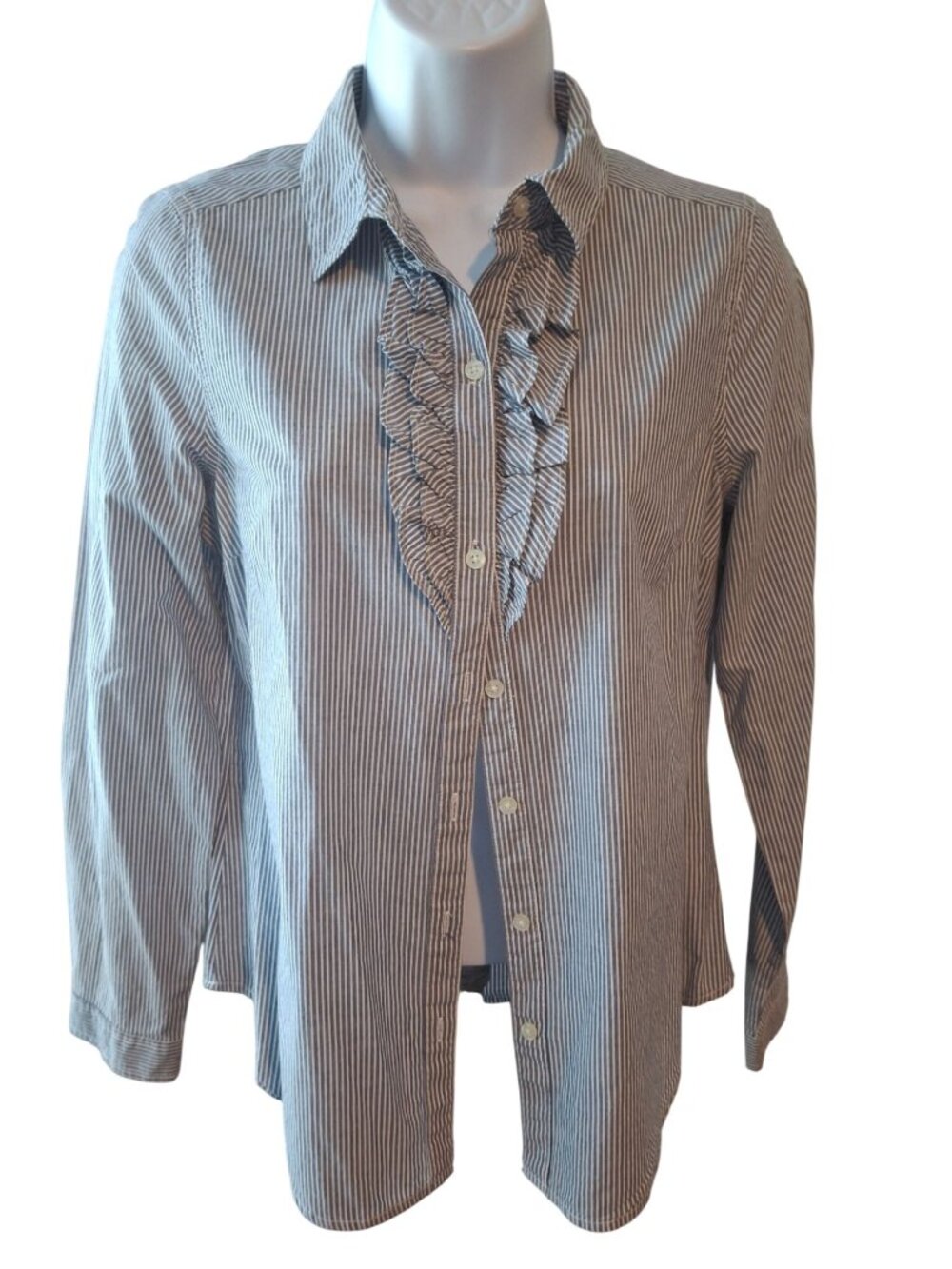 Old Navy Womens S Blue White Stripe Ruffle Button Down Shirt Coastal Preppy